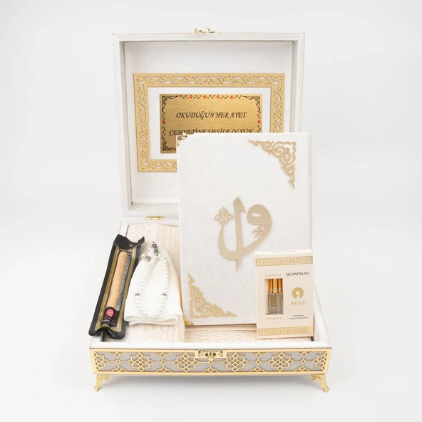 Kuran + Seccade + Tesbih + Takke + Misvak + Esans Hediye Seti (Orta Boy, Raşel Kare Kutu, Krem) - 2