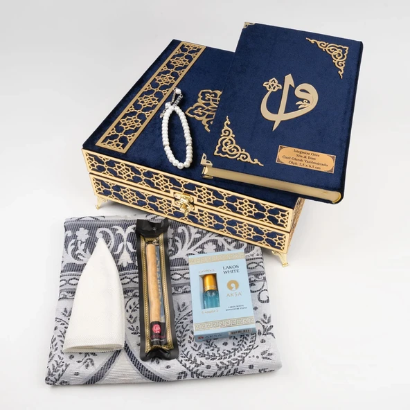 Kuran + Seccade + Tesbih + Takke + Misvak + Esans Hediye Seti (Orta Boy, Raşel Kare Kutu, Lacivert) - Resim 6