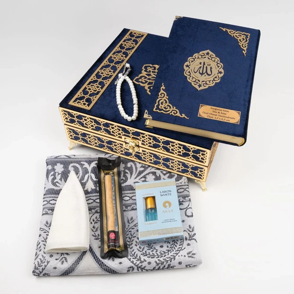 Kuran + Seccade + Tesbih + Takke + Misvak + Esans Hediye Seti (Orta Boy, Raşel Kare Kutu, Lacivert) - Resim 5