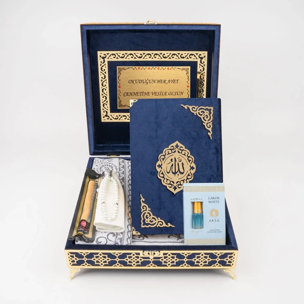 Kuran + Seccade + Tesbih + Takke + Misvak + Esans Hediye Seti (Orta Boy, Raşel Kare Kutu, Lacivert) - Resim 2