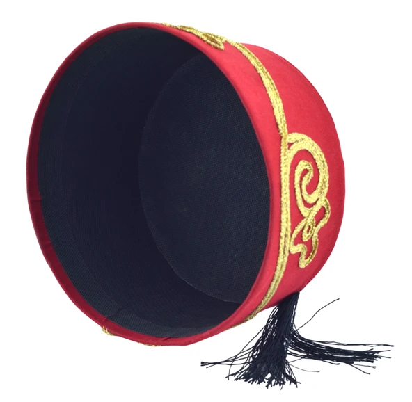 İşlemeli Püsküllü Kırmızı Damat Kına Erkek Fesi 9cm - 3