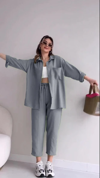 Keten Günlük İkili Takım Elbise Pantolon Gömlek - 3