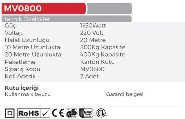 MyTOL MV0800 - Bakır Sargı Elektrikli Yük Kaldırma Vinçi 400-800 KG - 2