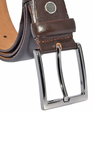 * 3.5 Cm. Klasik Hakiki Deri Düz Renk Kemer Koyu Kahve - Resim 3