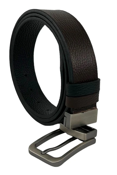 Kahvrengi Siyah Çift Taraflı Hakiki Deri 3.5 Cm.lik Klasik Kemer - 300-809 - Resim 8
