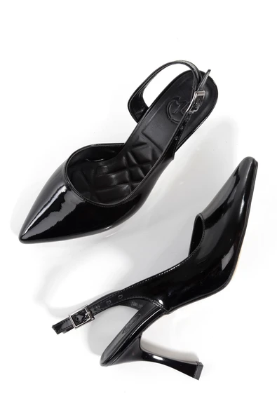 Konnyy Siyah Rugan Stiletto Yanı Açık Topuklu Ayakkabı - Resim 2