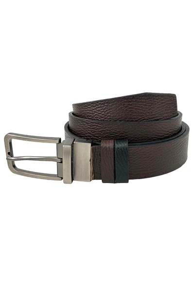 Kahvrengi Siyah Çift Taraflı Hakiki Deri 3.5 Cm.lik Klasik Kemer - 300-809 - Resim 6