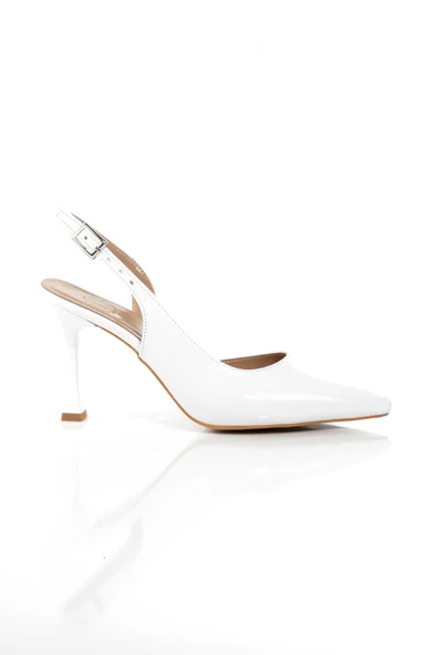 Konnyy Beyaz Rugan Stiletto Yanı Açık Topuklu Ayakkabı - Resim 3