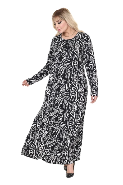 Melsay Butik Siyah Yaprak Desen Uzun Kollu Kadın Tesettür Elbise - 4