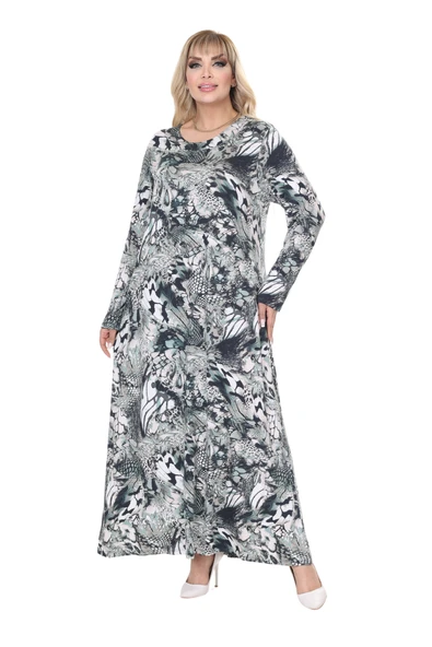 Melsay Butik Gri Yeşil Timsah Desen Uzun Kollu Kadın Tesettür Elbise ürün görseli