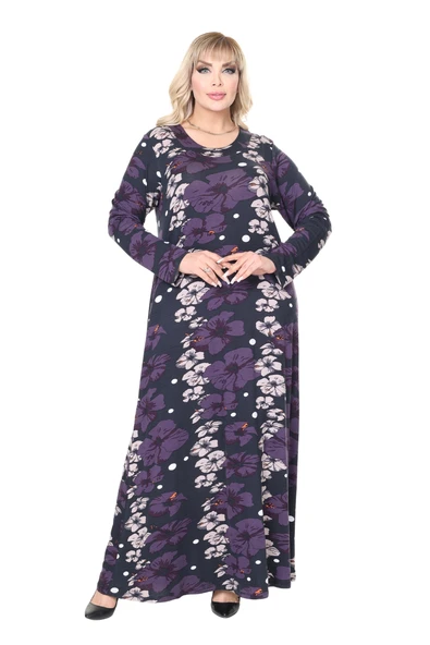 Melsay Butik Mor Gelincik Desen Uzun Kollu Kadın Tesettür Elbise - Resim 3