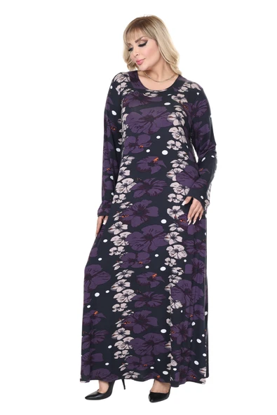 Melsay Butik Mor Gelincik Desen Uzun Kollu Kadın Tesettür Elbise - Resim 4