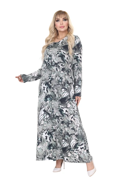 Melsay Butik Gri Yeşil Timsah Desen Uzun Kollu Kadın Tesettür Elbise - Resim 3