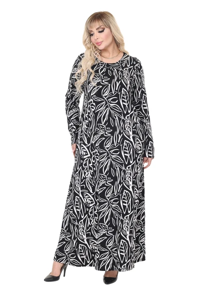 Melsay Butik Siyah Yaprak Desen Uzun Kollu Kadın Tesettür Elbise - 2