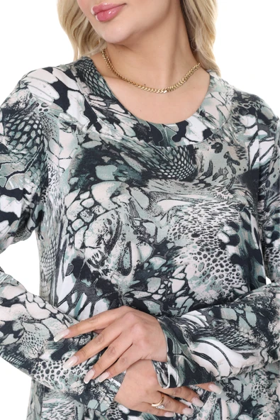 Melsay Butik Gri Yeşil Timsah Desen Uzun Kollu Kadın Tesettür Elbise - Resim 6