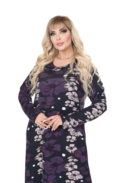 Melsay Butik Mor Gelincik Desen Uzun Kollu Kadın Tesettür Elbise - Resim 5