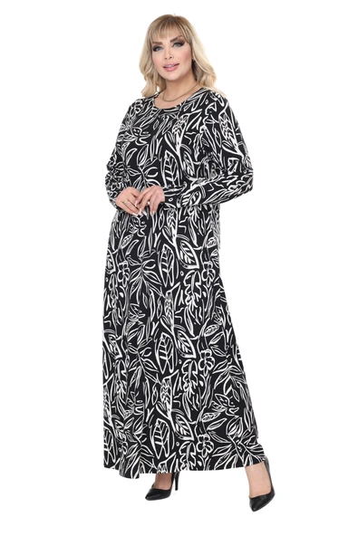 Melsay Butik Siyah Yaprak Desen Uzun Kollu Kadın Tesettür Elbise - 1