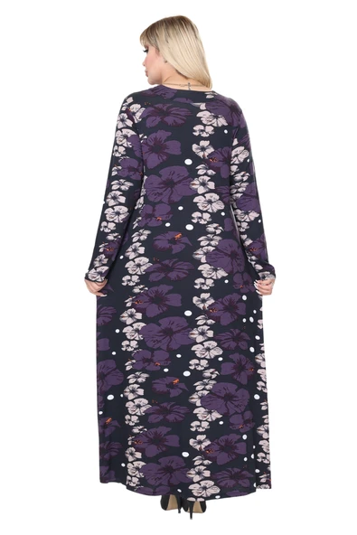 Melsay Butik Mor Gelincik Desen Uzun Kollu Kadın Tesettür Elbise - Resim 6