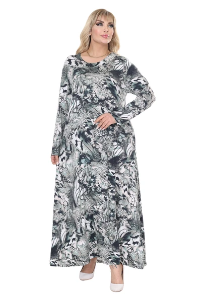 Melsay Butik Gri Yeşil Timsah Desen Uzun Kollu Kadın Tesettür Elbise - Resim 5