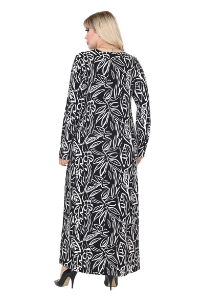 Melsay Butik Siyah Yaprak Desen Uzun Kollu Kadın Tesettür Elbise - 6