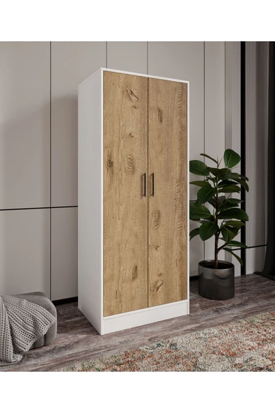 CABİNSE %100 Mdf Neva 2 Kapaklı 7 Raflı Ve 1 Askı Borulu Elbise Dolabı- Soft Beyaz Meşe