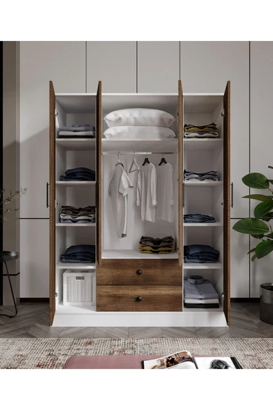 CABİNSE Cabinse %100 MDF 4 Kapaklı 2 Çekmeceli 12 Raflı Elbise Dolabı K. Ceviz Soft Beyaz - 4