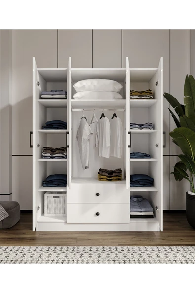 CABİNSE %100 MDF 4 Kapaklı 2 Çekmeceli 12 Raflı Elbise Dolabı SOFT BEYAZ CABİNSE - KOLAY KURULUM ANİMASYONLU - 3