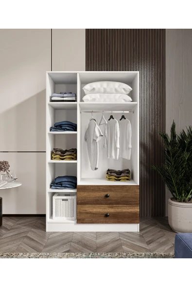 CABİNSE %100 MDF  ELBİSE DOLABI 3 Kapaklı 2 Çekmeceli 7 Raflı GARDIROP -LEFKAS MEŞE- BEYAZ/BAROK CEVİZ BEYAZ - 5