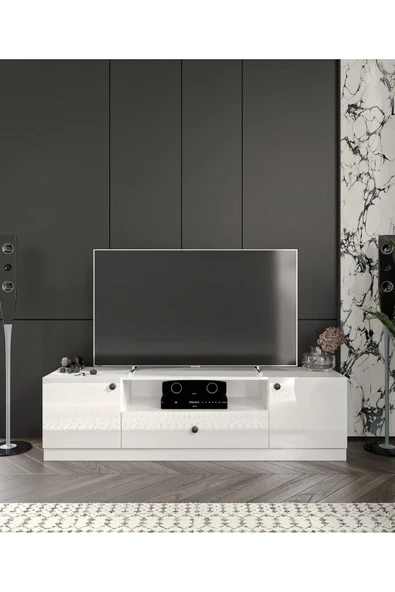 CABİNSE %100 Akri̇li̇k Mdf 2 Kapaklı 1 Çekmeceli 180cm Genişliğinde Modern Tv Ünitesi Beyaz - Antrasit - 2