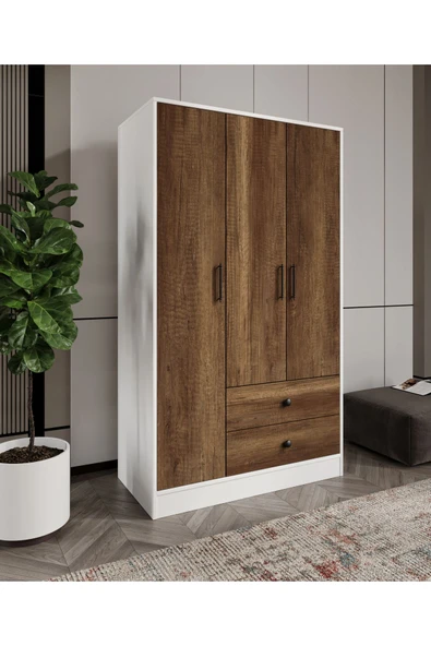 CABİNSE Cabinse %100 MDF 3 Kapaklı 2 Çekmeceli 7 Raflı Gardırop - Ceviz ve Soft Beyaz - 4