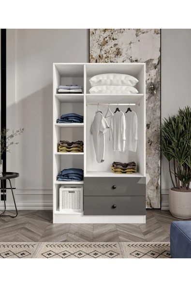 CABİNSE Cabinse %100 MDF 3 Kapaklı 2 Çekmeceli 7 Raflı Gardırop – Çizilmeye Dayanıklı Akrilik Kapak-Antrasit - 4
