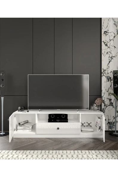 CABİNSE %100 Akri̇li̇k Mdf 2 Kapaklı 1 Çekmeceli 180cm Genişliğinde Modern Tv Ünitesi Beyaz - Antrasit - 3