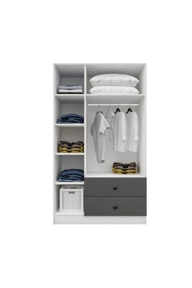 CABİNSE Cabinse %100 MDF 3 Kapaklı 2 Çekmeceli 7 Raflı Gardırop – Çizilmeye Dayanıklı Akrilik Kapak-Antrasit - 7