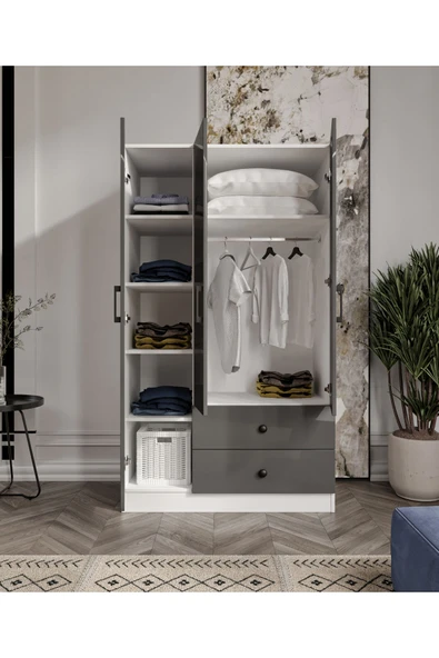 CABİNSE Cabinse %100 MDF 3 Kapaklı 2 Çekmeceli 7 Raflı Gardırop – Çizilmeye Dayanıklı Akrilik Kapak-Antrasit - 3