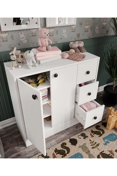 CABİNSE %100 MDF 2 Kapaklı 3 Çekmeceli Çok Amaçlı Dolap -MUTFAK-KAHVE-BANYO-ÇOCUK-OYUNCAK DOLABI,BEYAZ-MEŞE - 4