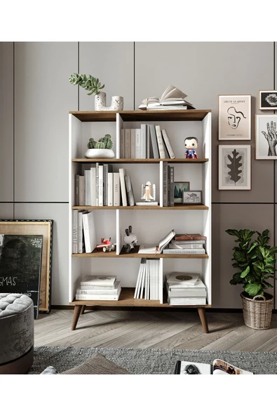 CABİNSE % 100 MDF KİTAPLIK 8 BÖLÜM 4 RAF SOFT BEYAZ- CEVİZ % 100 MDF - 2