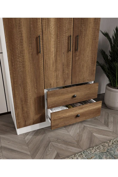 CABİNSE %100 MDF ELBİSE DOLABI 3 Kapaklı 2 Çekmeceli 7 Raflı GARDIROP -LEFKAS MEŞE- BEYAZ/BAROK CEVİZ BEYAZ - 3