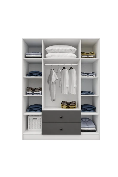 CABİNSE Cabinse %100 MDF 4 Kapaklı 2 Çekmeceli 12 Raflı Gardırop –Çizilmeye Dayanıklı AKRİLİK Kapak ANTRASİT - 7