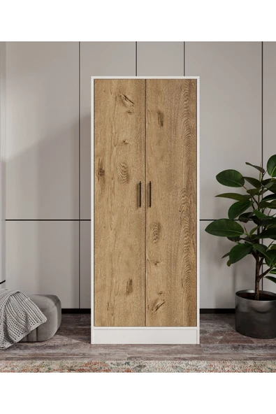 CABİNSE %100 Mdf Neva 2 Kapaklı 7 Raflı Ve 1 Askı Borulu Elbise Dolabı- Soft Beyaz Meşe - 2