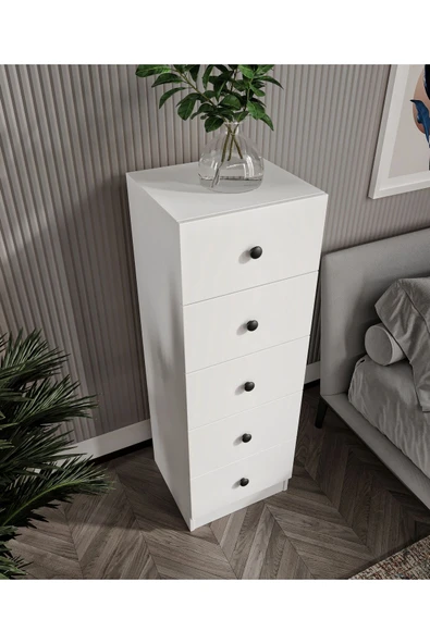 CABİNSE Cabinse %100 MDF Soft Beyaz 5 Çekmeceli Şifonyer - 4