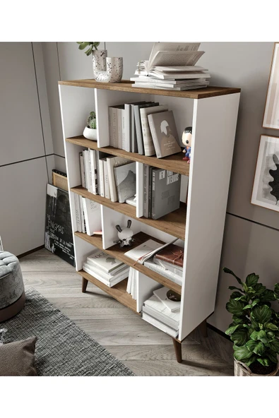 CABİNSE % 100 MDF KİTAPLIK 8 BÖLÜM 4 RAF SOFT BEYAZ- CEVİZ % 100 MDF - 3