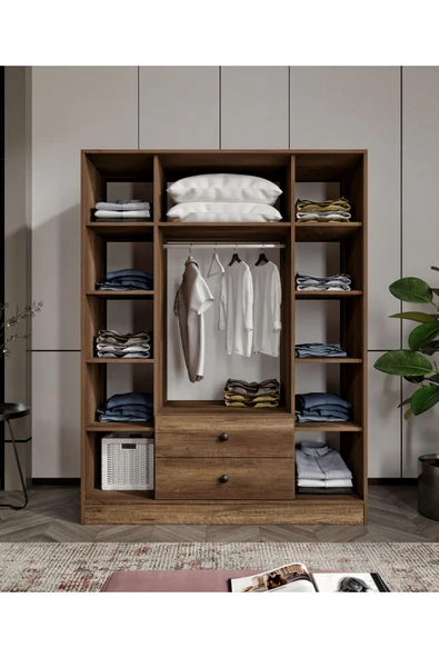 CABİNSE Cabinse %100 MDF 4 Kapaklı 2 Çekmeceli 12 Raflı Elbise Dolabı Ceviz Soft Beyaz GARDIROP - 4