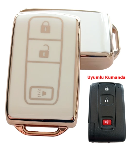Toyota Corolla Verso Prius Subaru Uyumlu Kumanda Anahtar Kılıfı Oto Anahtarlık 3 Tuşlu Beyaz Gold ürün görseli 1