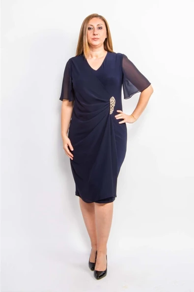 Ezze Kadın Tül Detaylı Yan Taşlı Büyük Beden Kısa Abiye Elbise 25YEZ4212