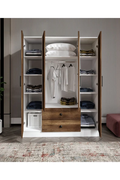 CABİNSE %100 MDF 4 Kapaklı 2 Çekmeceli 12 Raflı Elbise Dolabı MEŞE-SOFT BEYAZ/BAROK CEVİZ - SOFT BEYAZ - 3