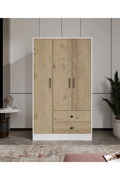 CABİNSE Cabinse %100 MDF ELBİSE DOLABI 3 Kapaklı 2 Çekmeceli 7 Raflı GARDIROP - Meşe ve Beyaz - 2