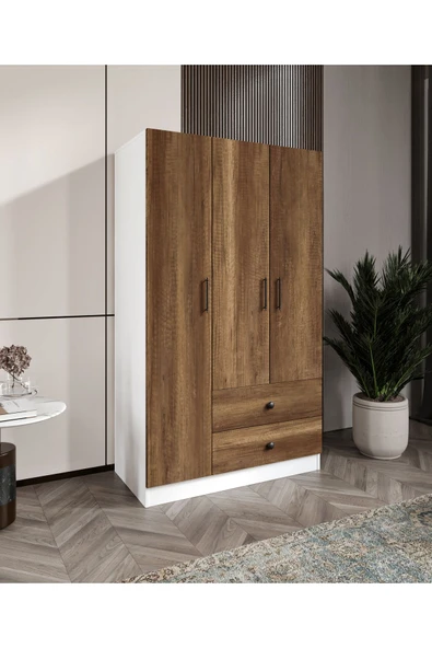 CABİNSE %100 MDF ELBİSE DOLABI 3 Kapaklı 2 Çekmeceli 7 Raflı GARDIROP -LEFKAS MEŞE- BEYAZ/BAROK CEVİZ BEYAZ