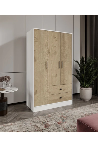 CABİNSE Cabinse %100 MDF ELBİSE DOLABI 3 Kapaklı 2 Çekmeceli 7 Raflı GARDIROP - Meşe ve Beyaz