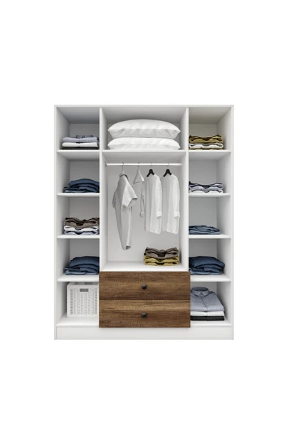 CABİNSE %100 MDF 4 Kapaklı 2 Çekmeceli 12 Raflı Elbise Dolabı MEŞE-SOFT BEYAZ/BAROK CEVİZ - SOFT BEYAZ - 6