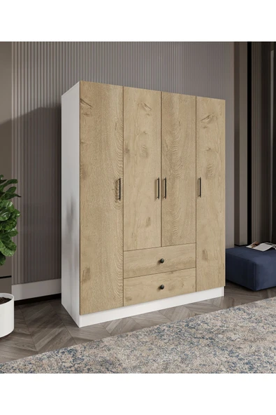 CABİNSE %100 MDF 4 Kapaklı 2 Çekmeceli 12 Raflı Elbise Dolabı MEŞE-SOFT BEYAZ/BAROK CEVİZ - SOFT BEYAZ